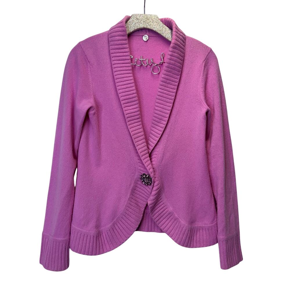 Margaret OLeary Pink 100% Cashmere Sweater M Rhinestone Brooch Button Cardigan